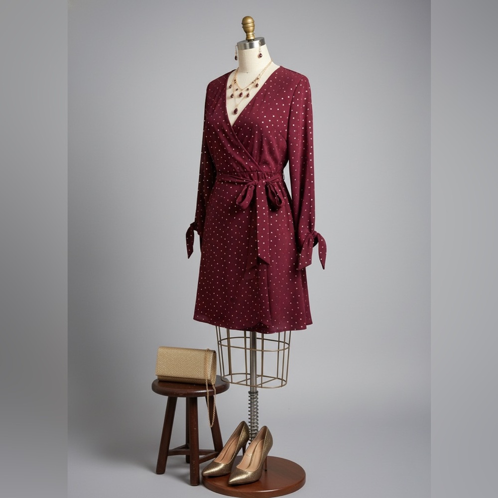 Laundry By Shelli Segal Burgundy Polka Dot Wrap Dress